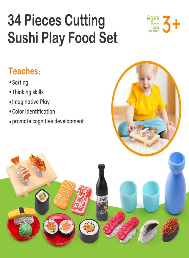 Funpynani Sushi Slicing Play Food Set, 34Pcs, 3+ Ages LED Light with Color Changing Pretend Food Toys Accessories with Velcro for Kids, Play Kitchen for Toddlers, Learning Gift for Girls Boys - Image 4